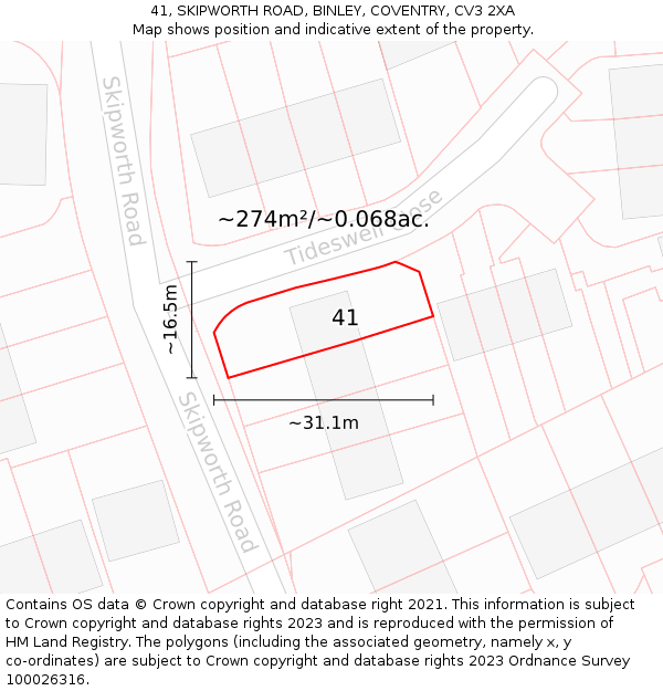 41, SKIPWORTH ROAD, BINLEY, COVENTRY, CV3 2XA: Plot and title map