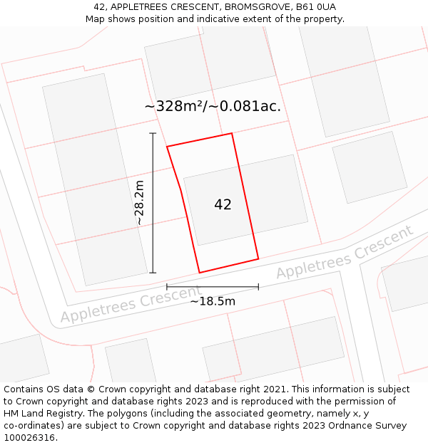 42, APPLETREES CRESCENT, BROMSGROVE, B61 0UA: Plot and title map