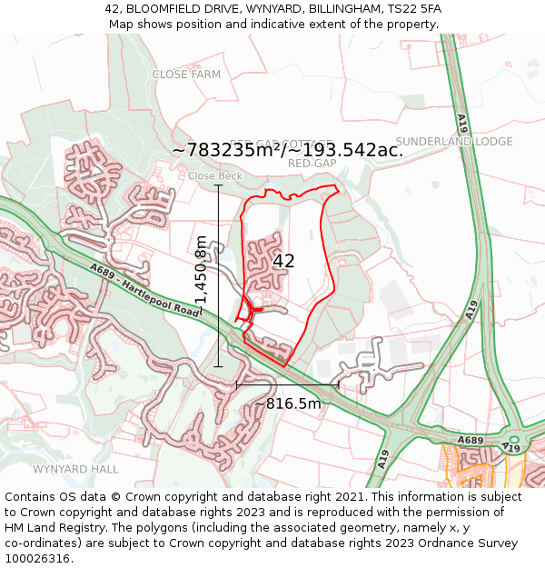42, BLOOMFIELD DRIVE, WYNYARD, BILLINGHAM, TS22 5FA: Plot and title map