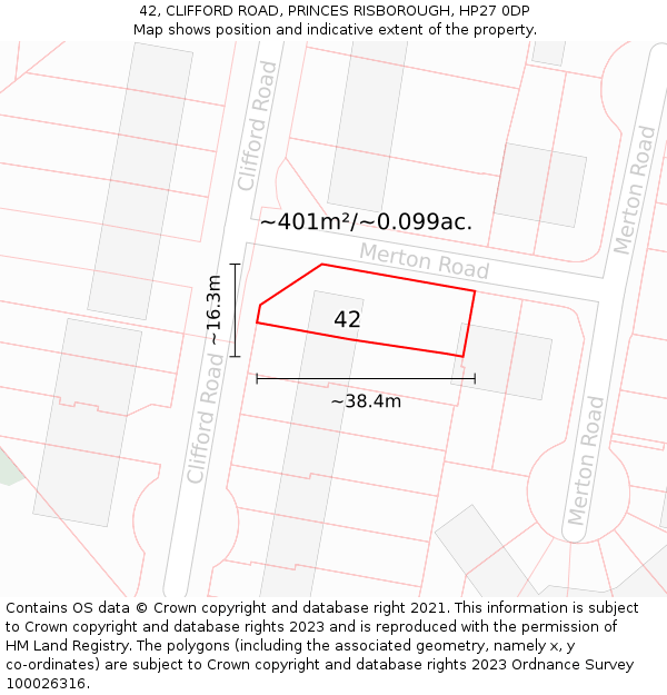 42, CLIFFORD ROAD, PRINCES RISBOROUGH, HP27 0DP: Plot and title map