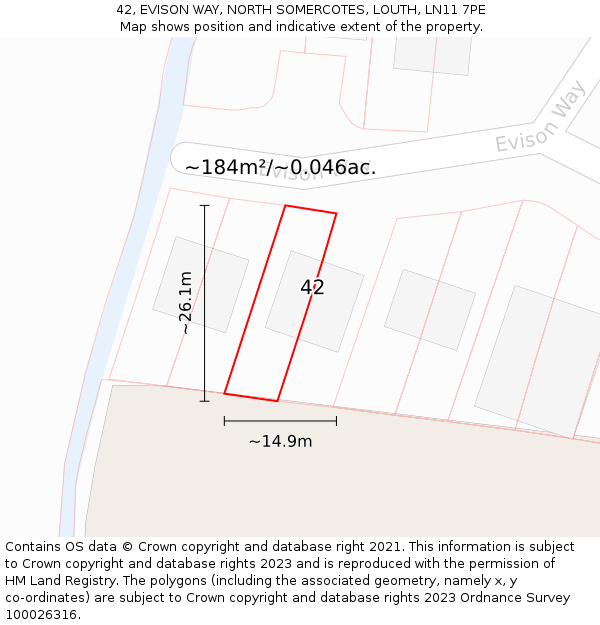 42, EVISON WAY, NORTH SOMERCOTES, LOUTH, LN11 7PE: Plot and title map