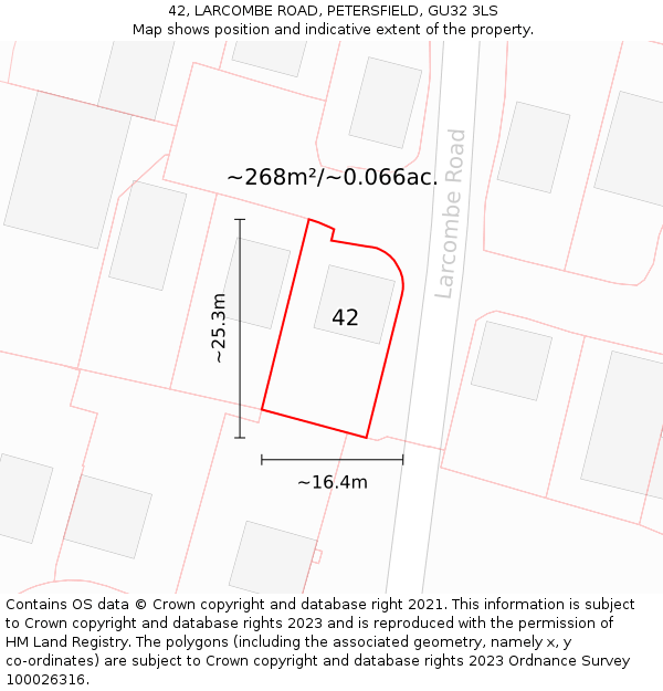 42, LARCOMBE ROAD, PETERSFIELD, GU32 3LS: Plot and title map