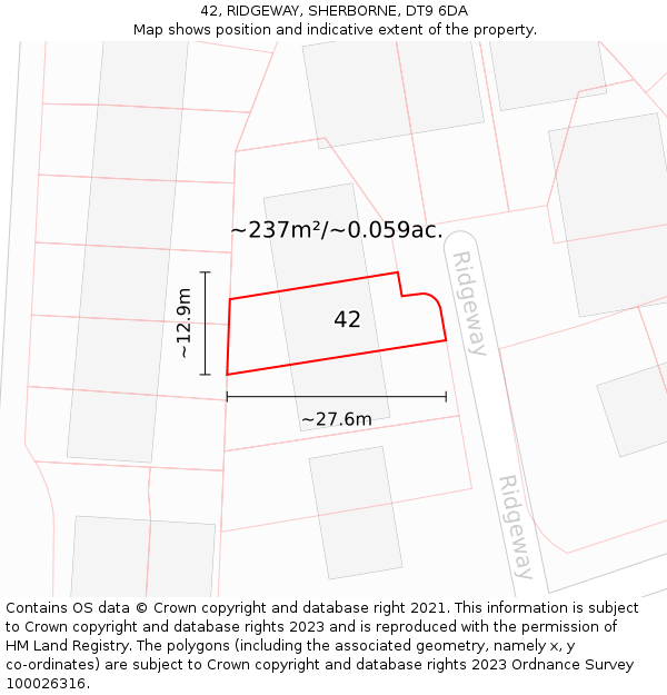 42, RIDGEWAY, SHERBORNE, DT9 6DA: Plot and title map