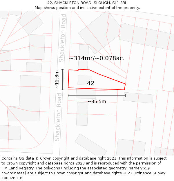 42, SHACKLETON ROAD, SLOUGH, SL1 3RL: Plot and title map
