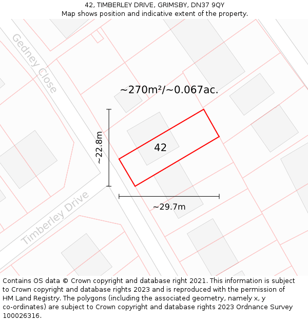 42, TIMBERLEY DRIVE, GRIMSBY, DN37 9QY: Plot and title map