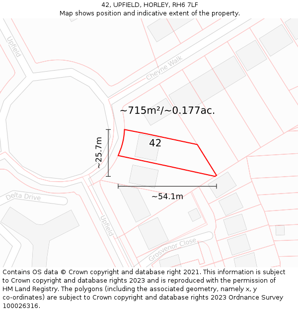42, UPFIELD, HORLEY, RH6 7LF: Plot and title map
