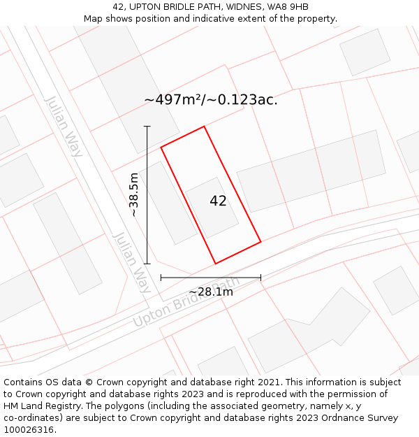 42, UPTON BRIDLE PATH, WIDNES, WA8 9HB: Plot and title map