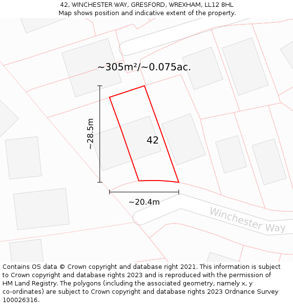42, WINCHESTER WAY, GRESFORD, WREXHAM, LL12 8HL: Plot and title map