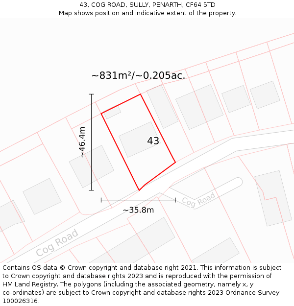 43, COG ROAD, SULLY, PENARTH, CF64 5TD: Plot and title map