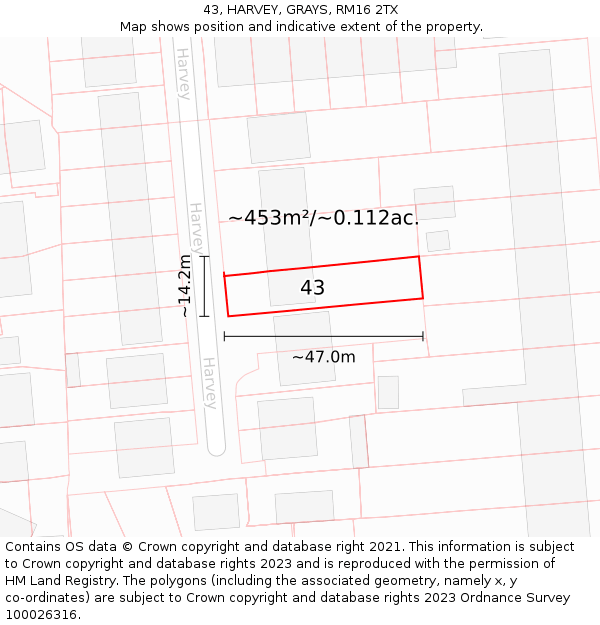 43, HARVEY, GRAYS, RM16 2TX: Plot and title map