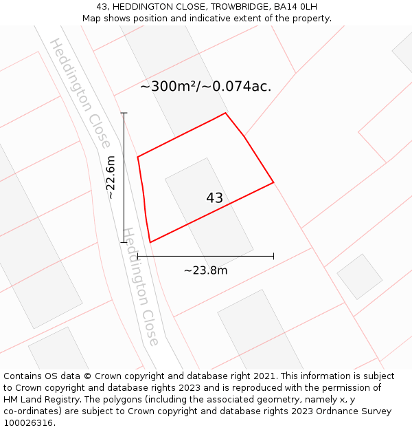 43, HEDDINGTON CLOSE, TROWBRIDGE, BA14 0LH: Plot and title map