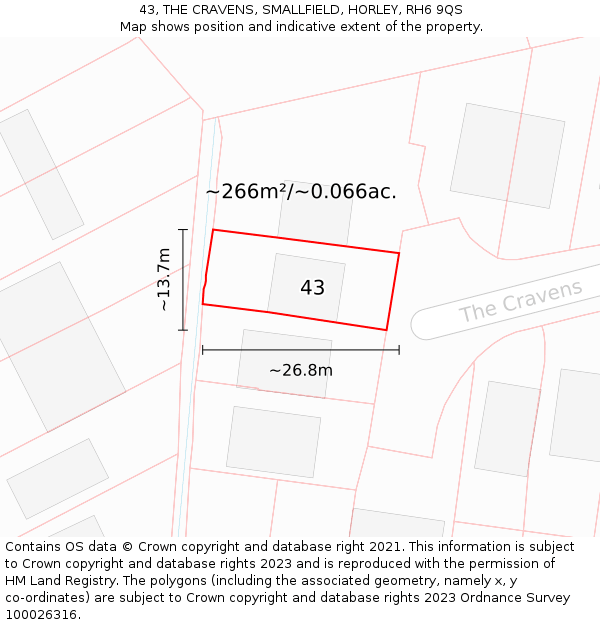 43, THE CRAVENS, SMALLFIELD, HORLEY, RH6 9QS: Plot and title map
