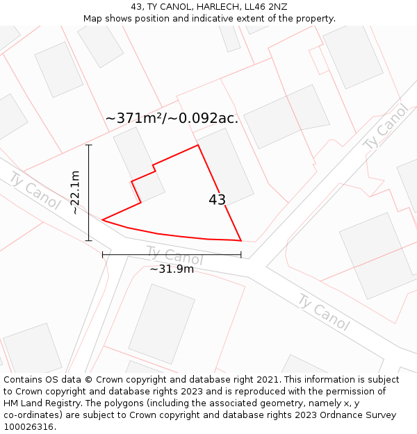43, TY CANOL, HARLECH, LL46 2NZ: Plot and title map