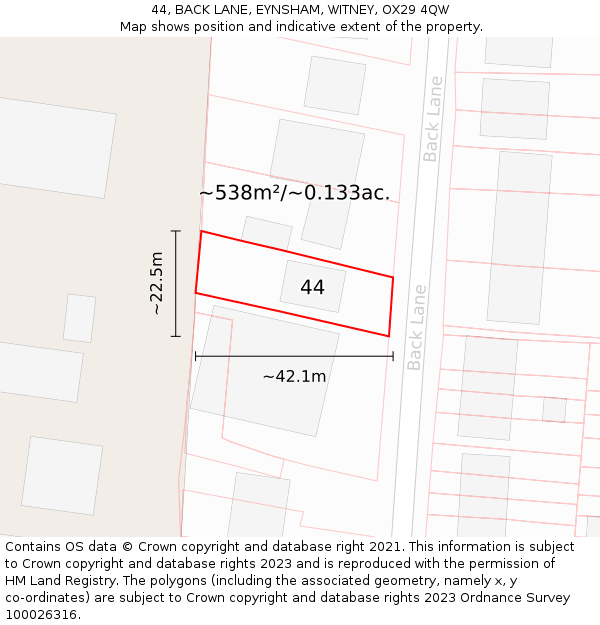 44, BACK LANE, EYNSHAM, WITNEY, OX29 4QW: Plot and title map
