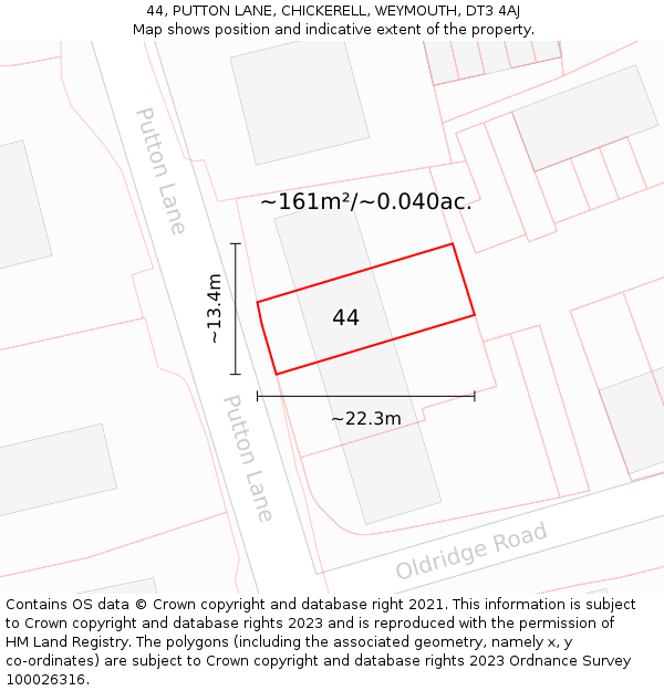 44, PUTTON LANE, CHICKERELL, WEYMOUTH, DT3 4AJ: Plot and title map