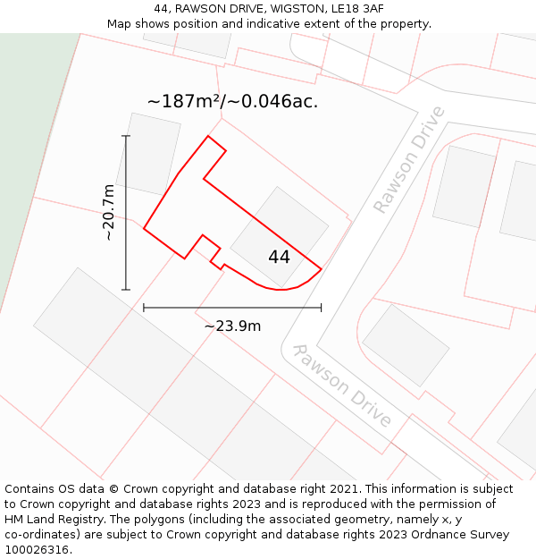44, RAWSON DRIVE, WIGSTON, LE18 3AF: Plot and title map