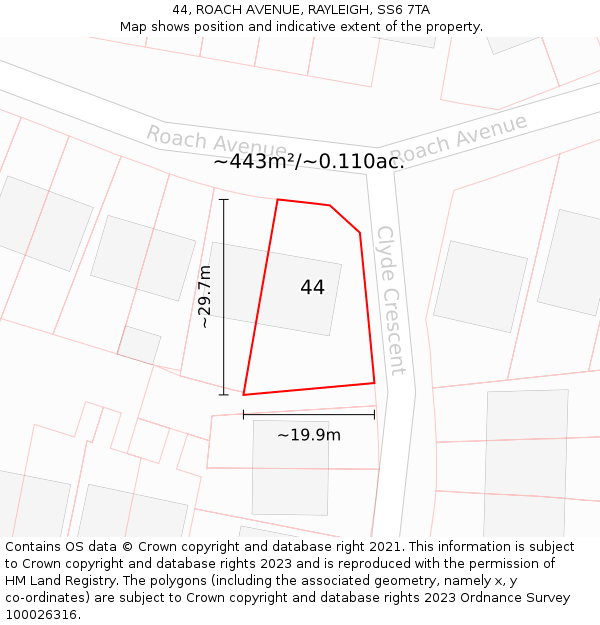 44, ROACH AVENUE, RAYLEIGH, SS6 7TA: Plot and title map