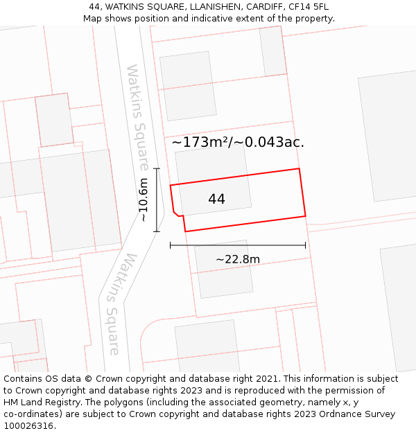 44, WATKINS SQUARE, LLANISHEN, CARDIFF, CF14 5FL: Plot and title map