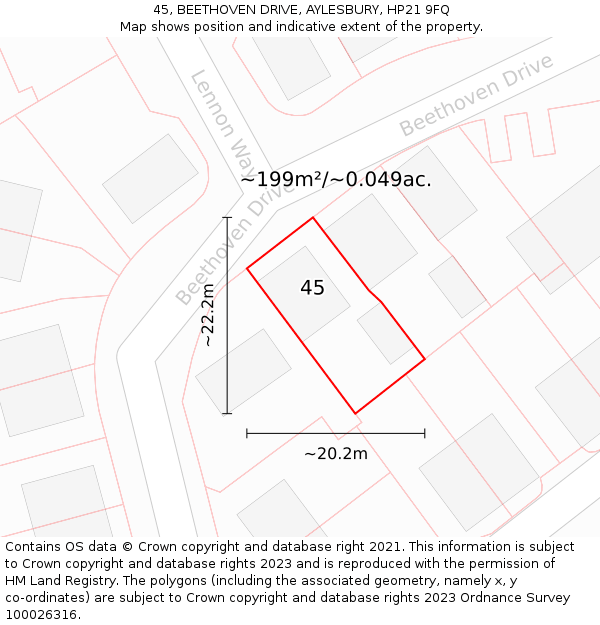 45, BEETHOVEN DRIVE, AYLESBURY, HP21 9FQ: Plot and title map