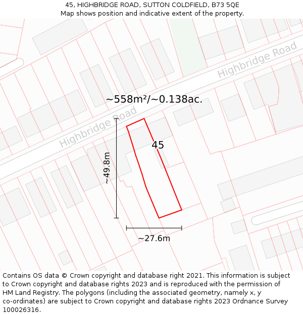 45, HIGHBRIDGE ROAD, SUTTON COLDFIELD, B73 5QE: Plot and title map