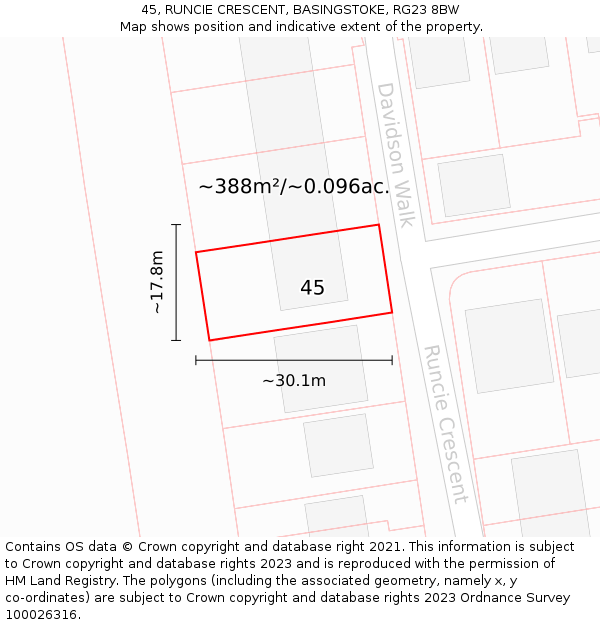 45, RUNCIE CRESCENT, BASINGSTOKE, RG23 8BW: Plot and title map