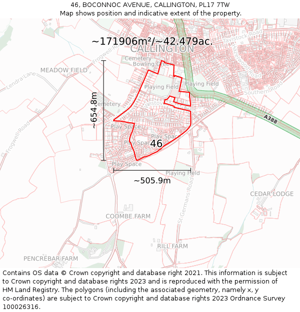 46, BOCONNOC AVENUE, CALLINGTON, PL17 7TW: Plot and title map