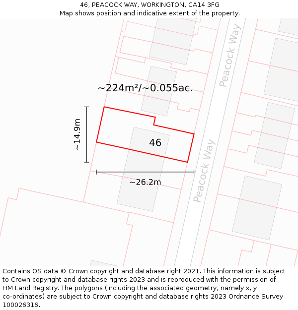 46, PEACOCK WAY, WORKINGTON, CA14 3FG: Plot and title map