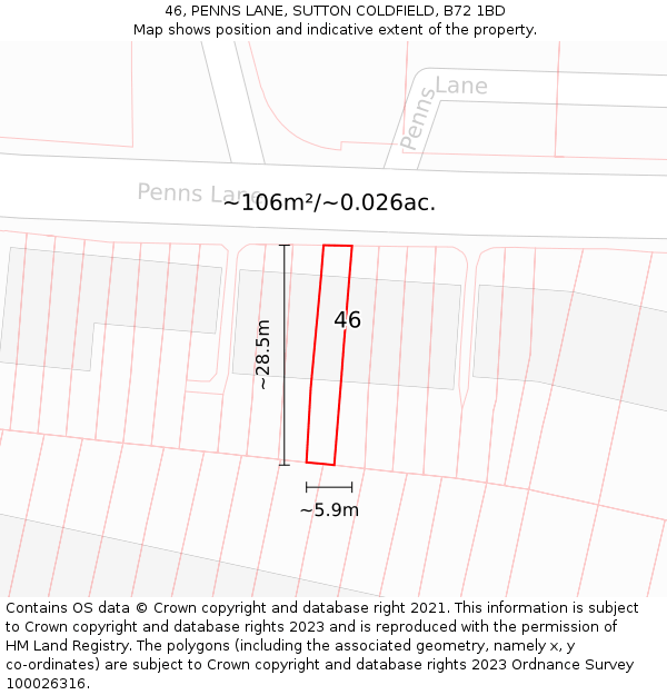 46, PENNS LANE, SUTTON COLDFIELD, B72 1BD: Plot and title map