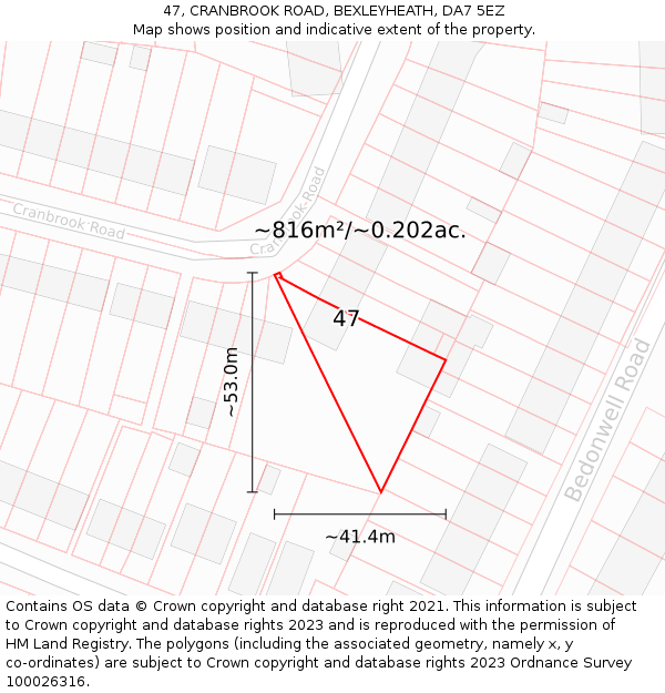 47, CRANBROOK ROAD, BEXLEYHEATH, DA7 5EZ: Plot and title map