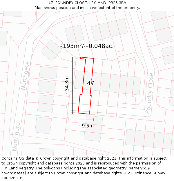 47, FOUNDRY CLOSE, LEYLAND, PR25 3RA: Plot and title map
