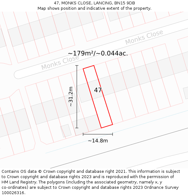 47, MONKS CLOSE, LANCING, BN15 9DB: Plot and title map