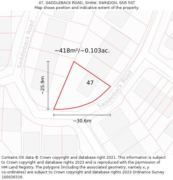 47, SADDLEBACK ROAD, SHAW, SWINDON, SN5 5ST: Plot and title map