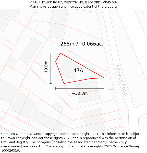 47A, FLITWICK ROAD, WESTONING, BEDFORD, MK45 5JA: Plot and title map