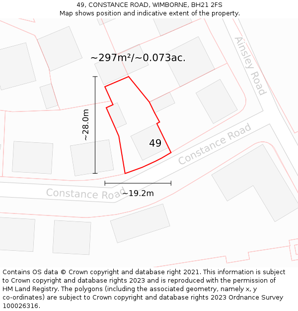 49, CONSTANCE ROAD, WIMBORNE, BH21 2FS: Plot and title map