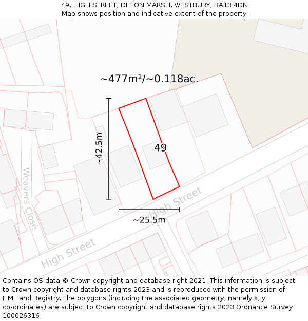49, HIGH STREET, DILTON MARSH, WESTBURY, BA13 4DN: Plot and title map