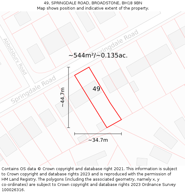49, SPRINGDALE ROAD, BROADSTONE, BH18 9BN: Plot and title map