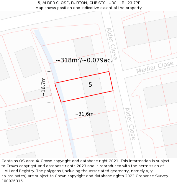 5, ALDER CLOSE, BURTON, CHRISTCHURCH, BH23 7PF: Plot and title map