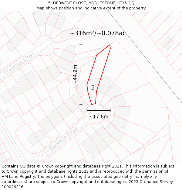 5, DERWENT CLOSE, ADDLESTONE, KT15 2JQ: Plot and title map