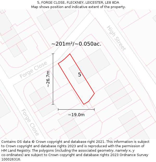 5, FORGE CLOSE, FLECKNEY, LEICESTER, LE8 8DA: Plot and title map