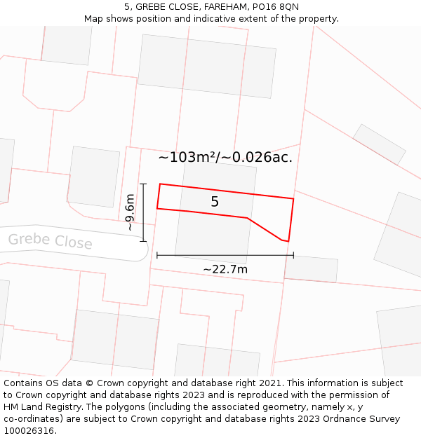 5, GREBE CLOSE, FAREHAM, PO16 8QN: Plot and title map