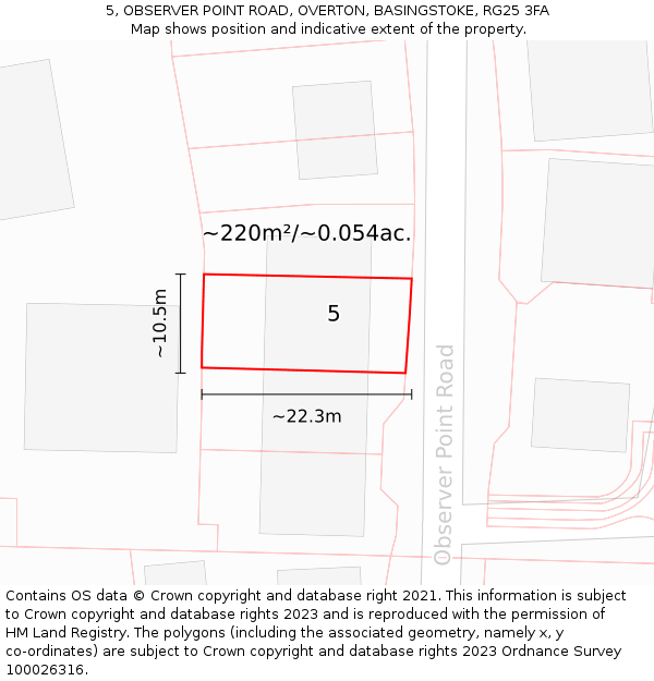 5, OBSERVER POINT ROAD, OVERTON, BASINGSTOKE, RG25 3FA: Plot and title map
