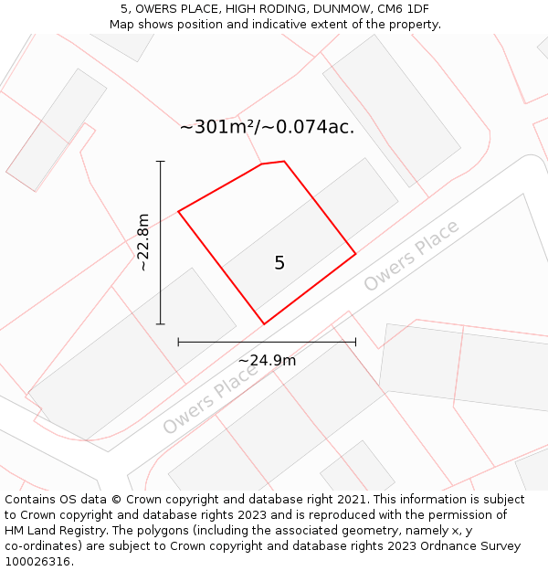 5, OWERS PLACE, HIGH RODING, DUNMOW, CM6 1DF: Plot and title map