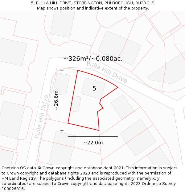 5, PULLA HILL DRIVE, STORRINGTON, PULBOROUGH, RH20 3LS: Plot and title map
