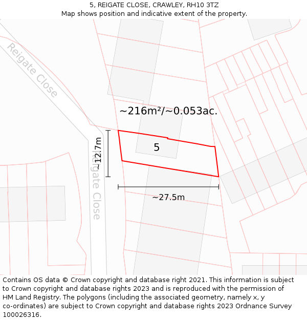 5, REIGATE CLOSE, CRAWLEY, RH10 3TZ: Plot and title map