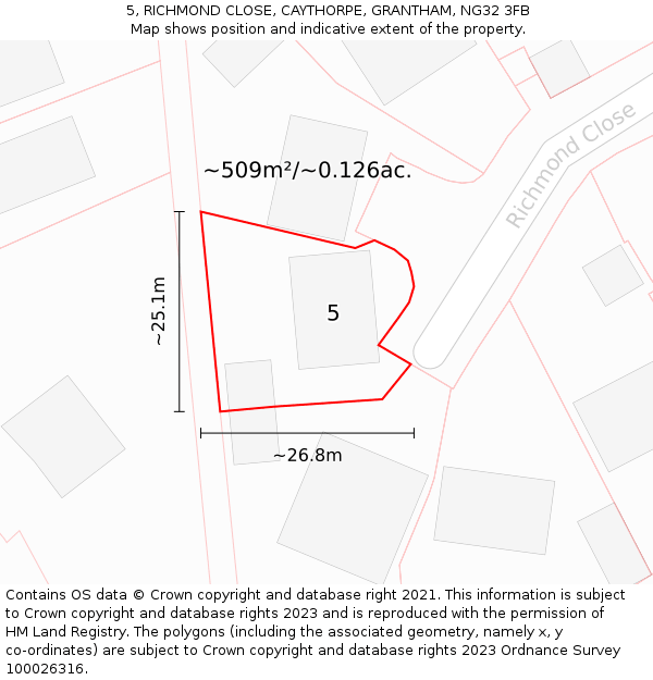 5, RICHMOND CLOSE, CAYTHORPE, GRANTHAM, NG32 3FB: Plot and title map