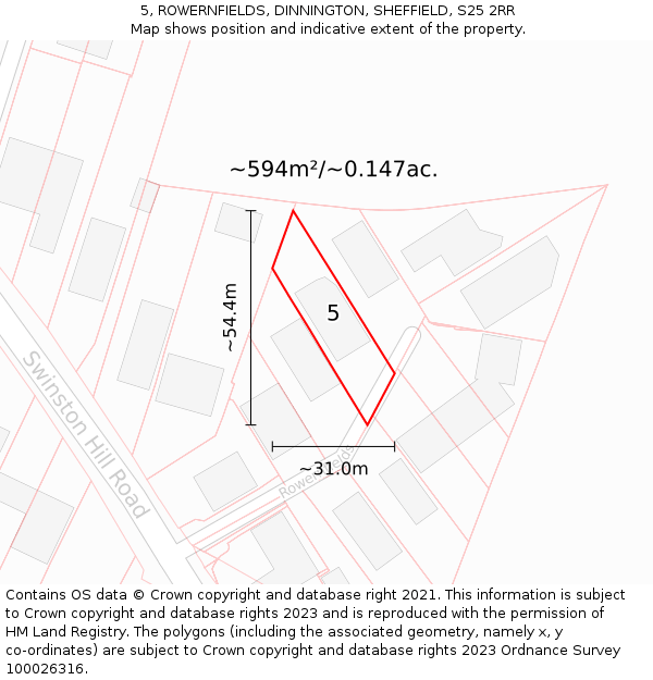 5, ROWERNFIELDS, DINNINGTON, SHEFFIELD, S25 2RR: Plot and title map