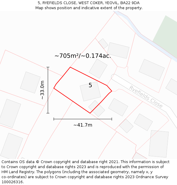 5, RYEFIELDS CLOSE, WEST COKER, YEOVIL, BA22 9DA: Plot and title map