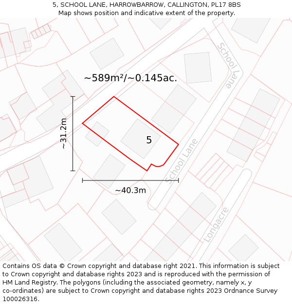 5, SCHOOL LANE, HARROWBARROW, CALLINGTON, PL17 8BS: Plot and title map