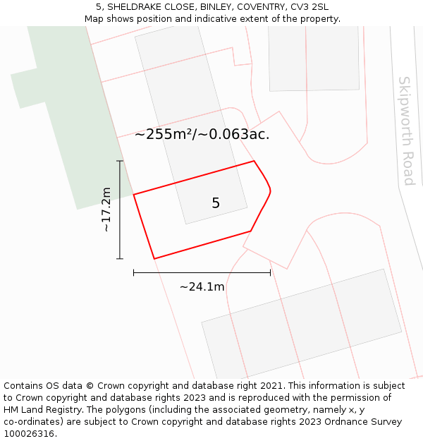 5, SHELDRAKE CLOSE, BINLEY, COVENTRY, CV3 2SL: Plot and title map