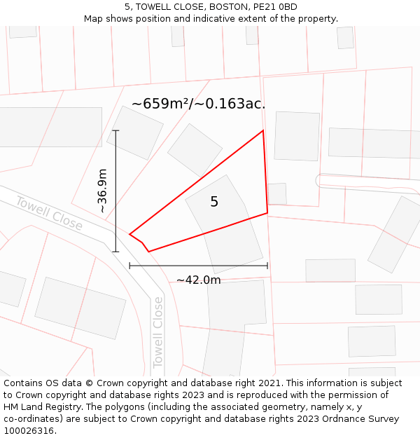 5, TOWELL CLOSE, BOSTON, PE21 0BD: Plot and title map